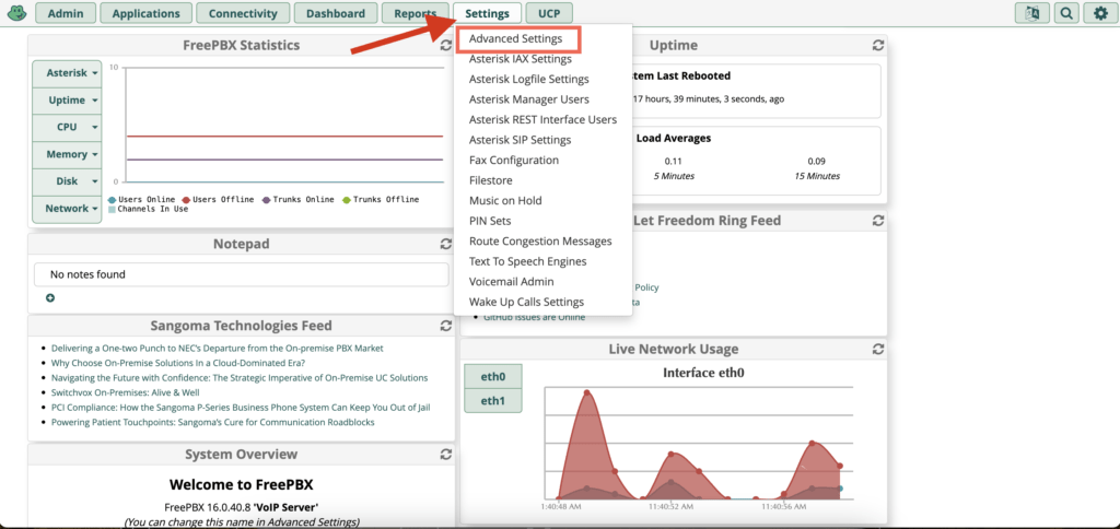 FreePBX Advanced Settings Dropdown Item