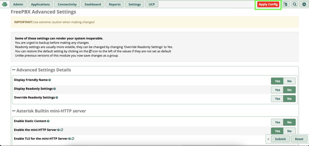 Apply Changes FreePBX