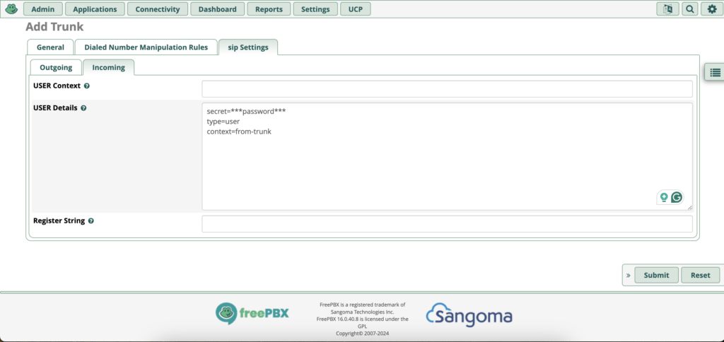 FreePBX sip incoming tab